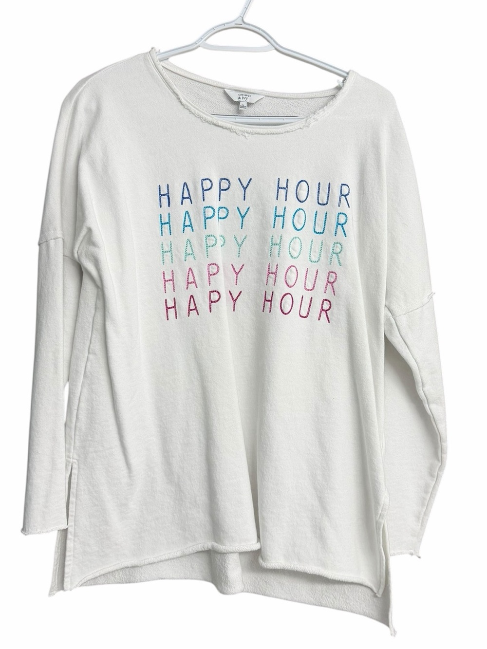 crown & ivy White 'Happy Hour' Crewneck Sweatshirt with Multicolor Embroidery